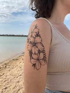 Tropical Floral Temporary Tattoo, Hibiscus Tattoo, Plumeria Tattoo, Nature Tattoo, Spring Tattoo, Summer Tattoo