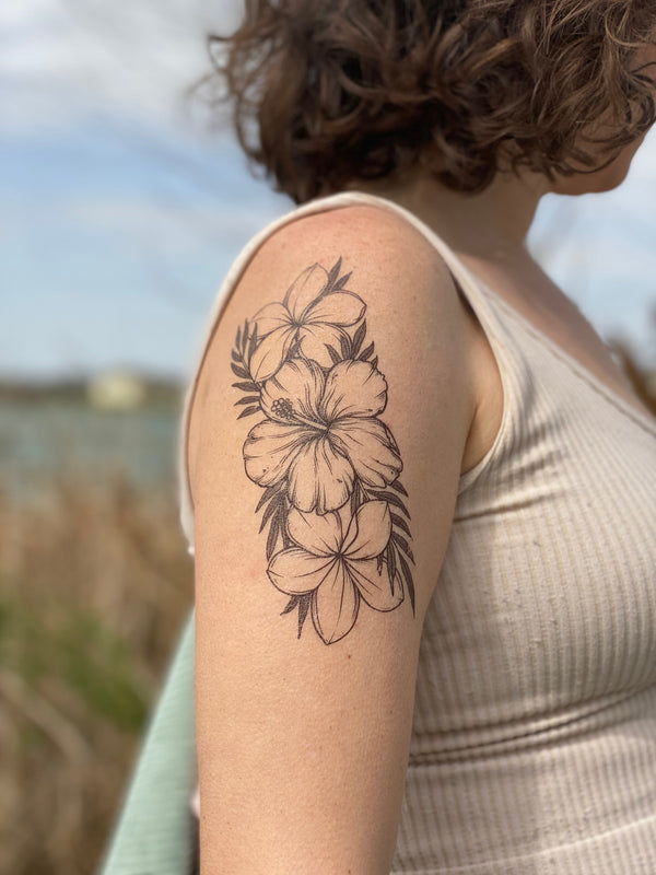 Tropical Floral Temporary Tattoo, Hibiscus Tattoo, Plumeria Tattoo, Nature Tattoo, Spring Tattoo, Summer Tattoo