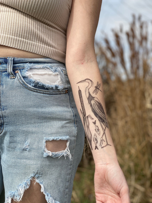 Lake Life Temporary Tattoo Collection, Heron Bird, Crane Tattoo, Dragonfly, Cattail, Fish, Coastal Tattoo, Nature Gift