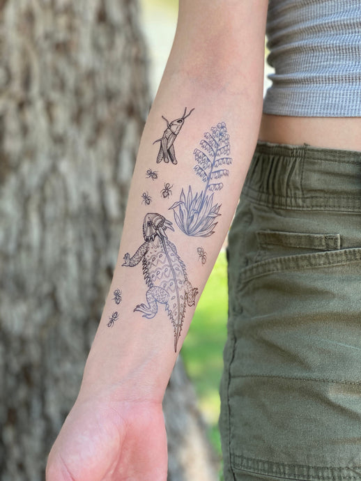 Horned Lizard & Yucca Temporary Tattoo Collection, Horny Toad, Ants, Grasshopper, Yucca Plant, Fake Tattoo Sheet, Desert Party Favors