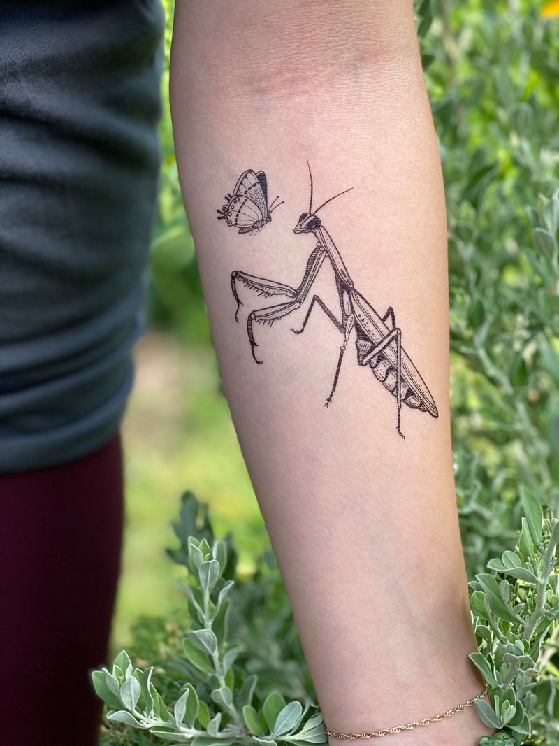 Praying Mantis Temporary Tattoo, Black Line Tattoo, Winged Insect Tattoo, Bug Tattoo, Party Favors