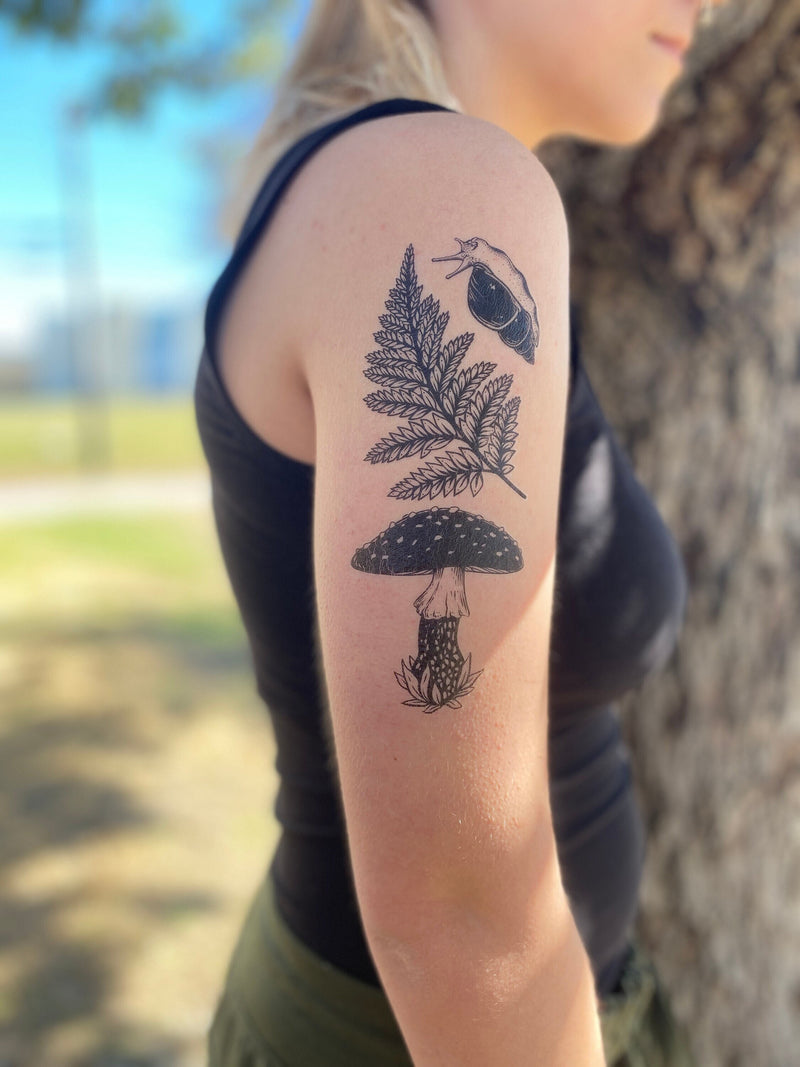 Amanita Mushroom, Fern, Snail Temporary Tattoo, Fungi temporary Tattoos, Botanical temporary Tattoo, Nature temporary Tattoo